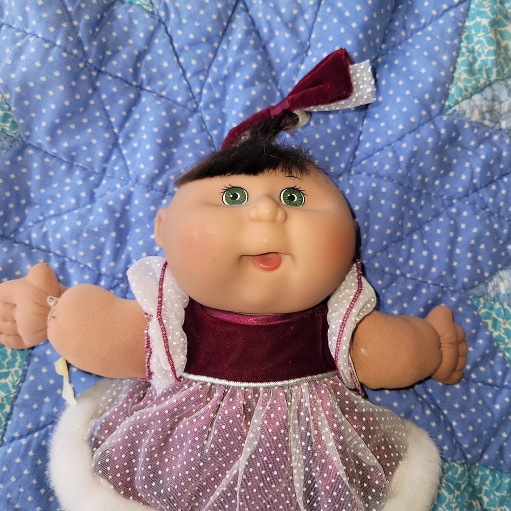 Mattel 1995 13" Cabbage Patch Baby Doll Burgundy and White Dress Blue Signature
